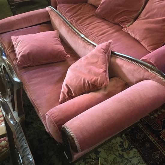 Regency rosewood scroll end settee, upholstered in pink dralon